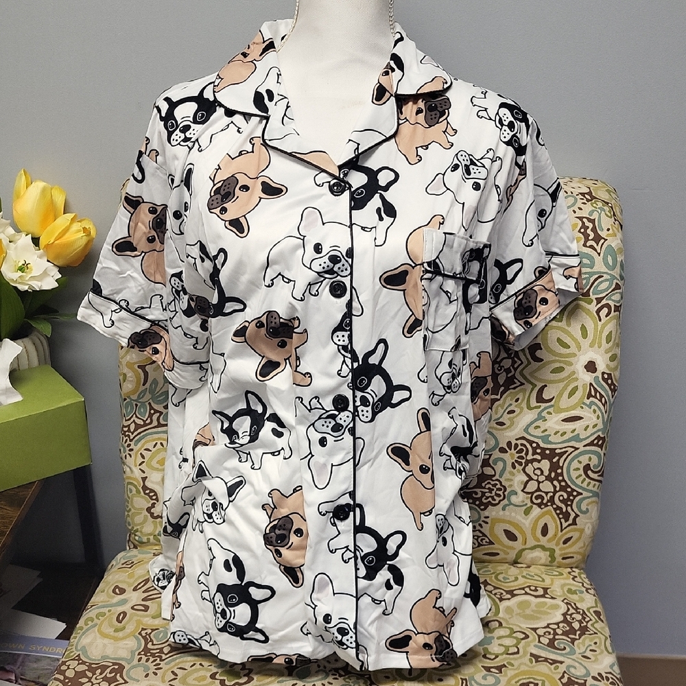 Women's French Bulldog Print PJ Shirt- White and Black